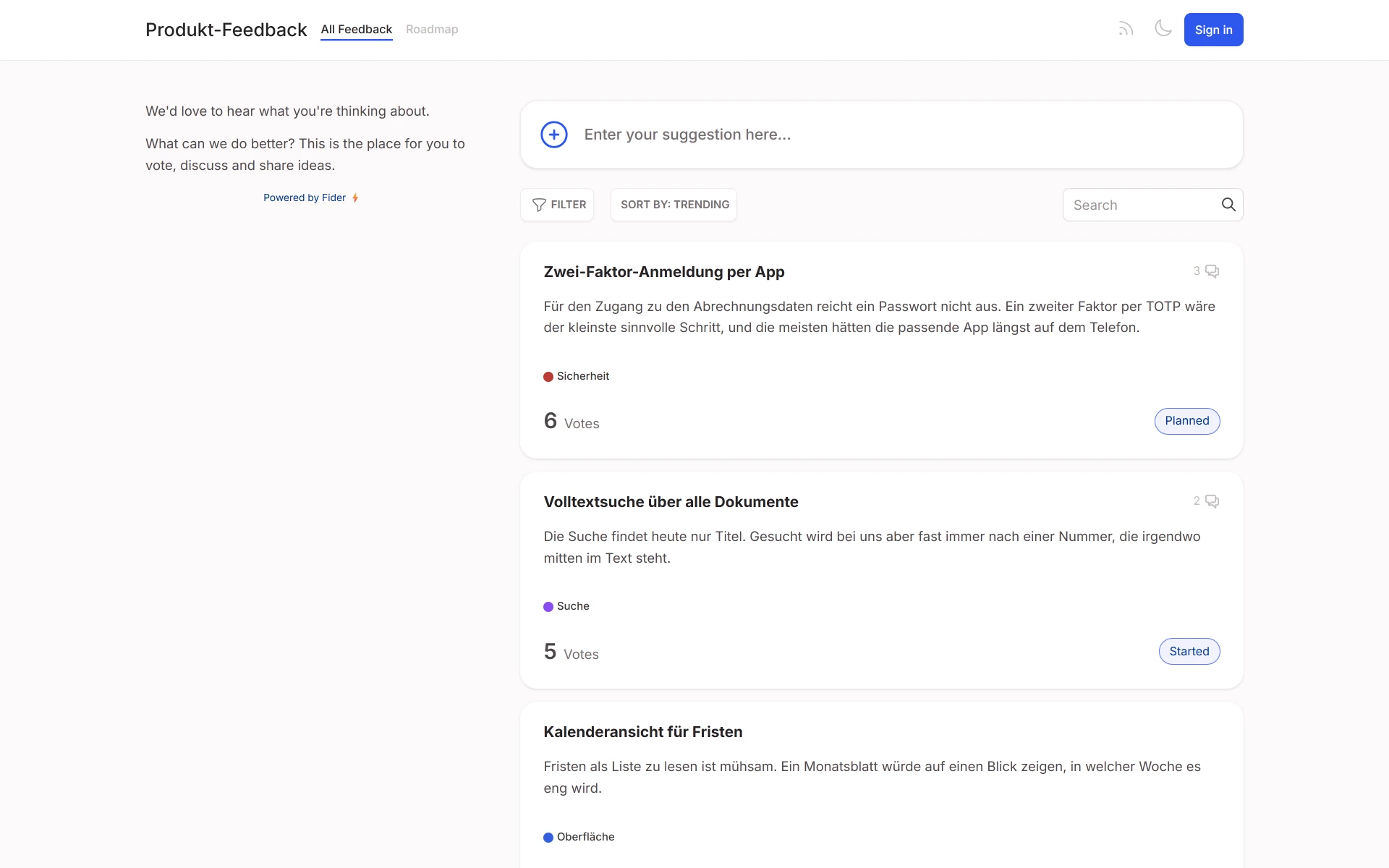 Fider, screenshot 1