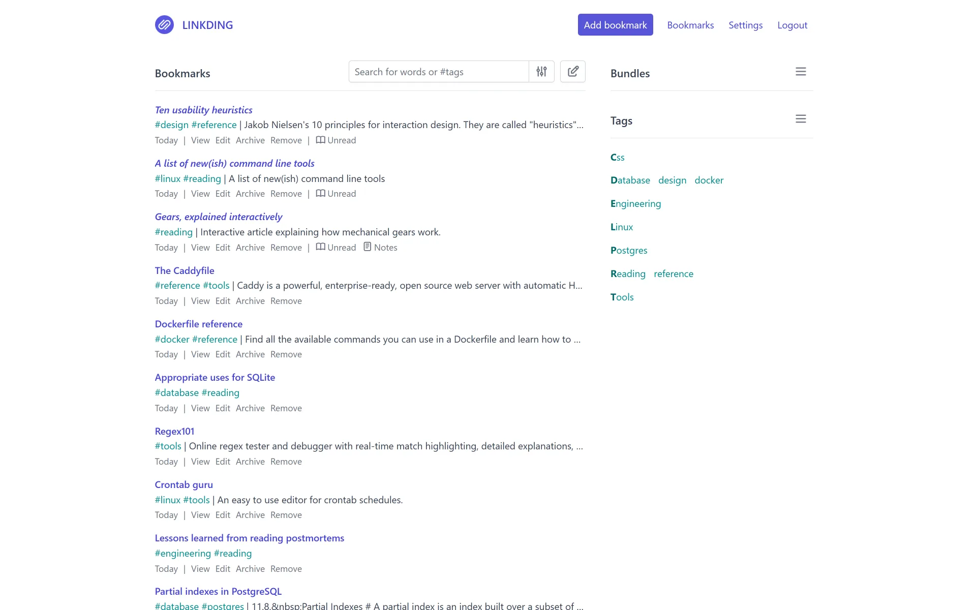 Linkding, screenshot 1