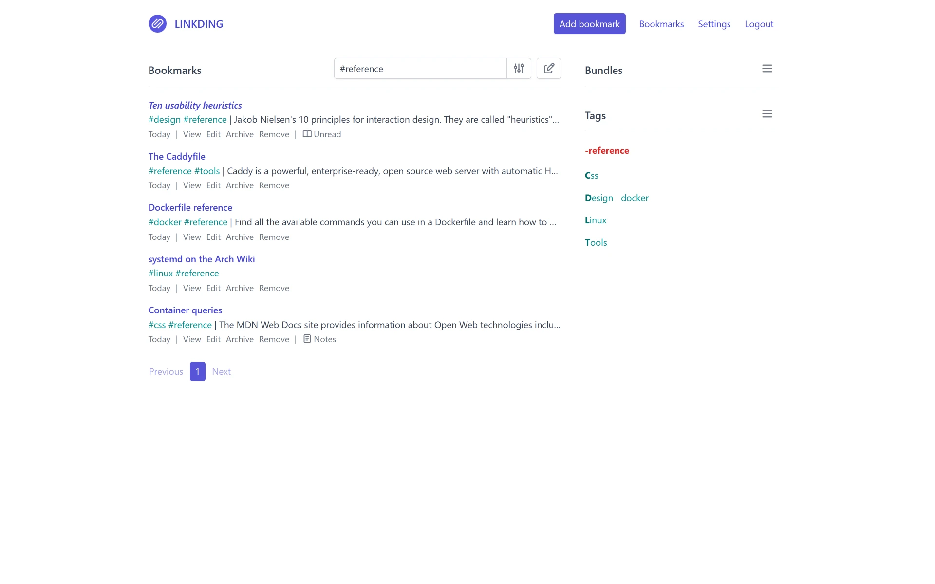 Linkding, screenshot 2