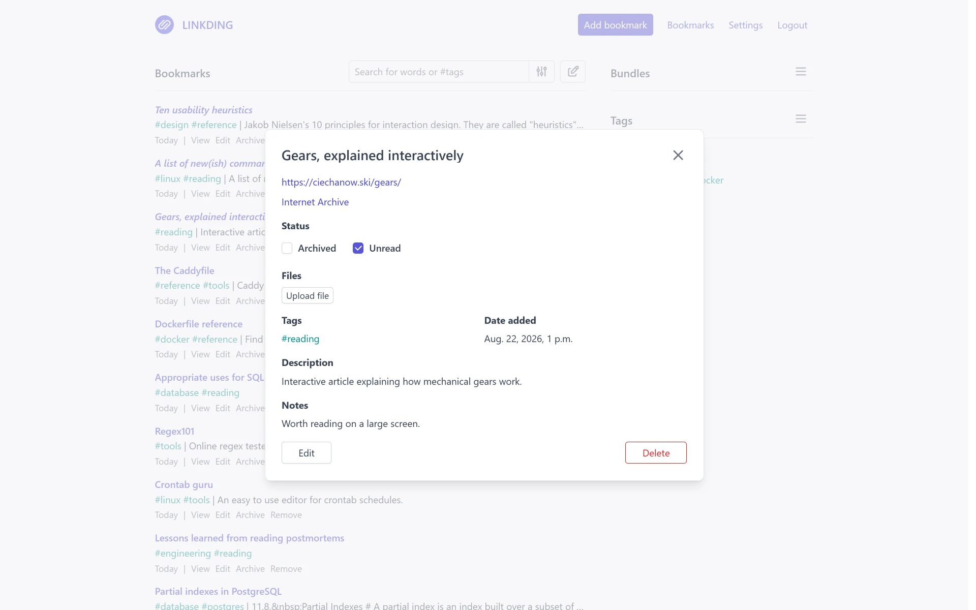 Linkding, screenshot 3